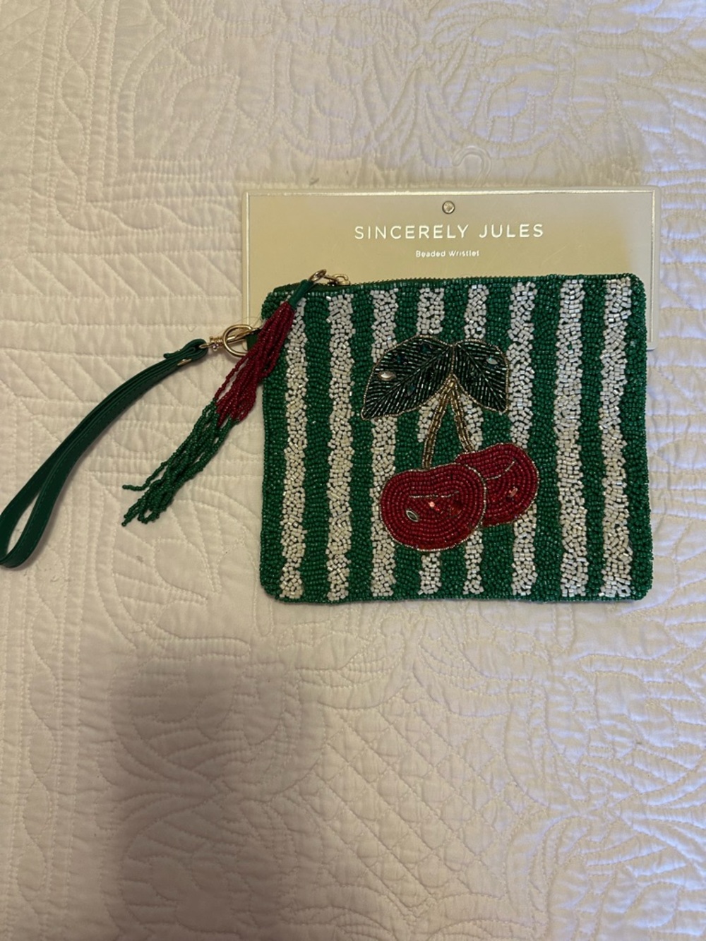 Sincerely Jules Green & White Beaded Cherry Wristlet with Red Cherry Detail